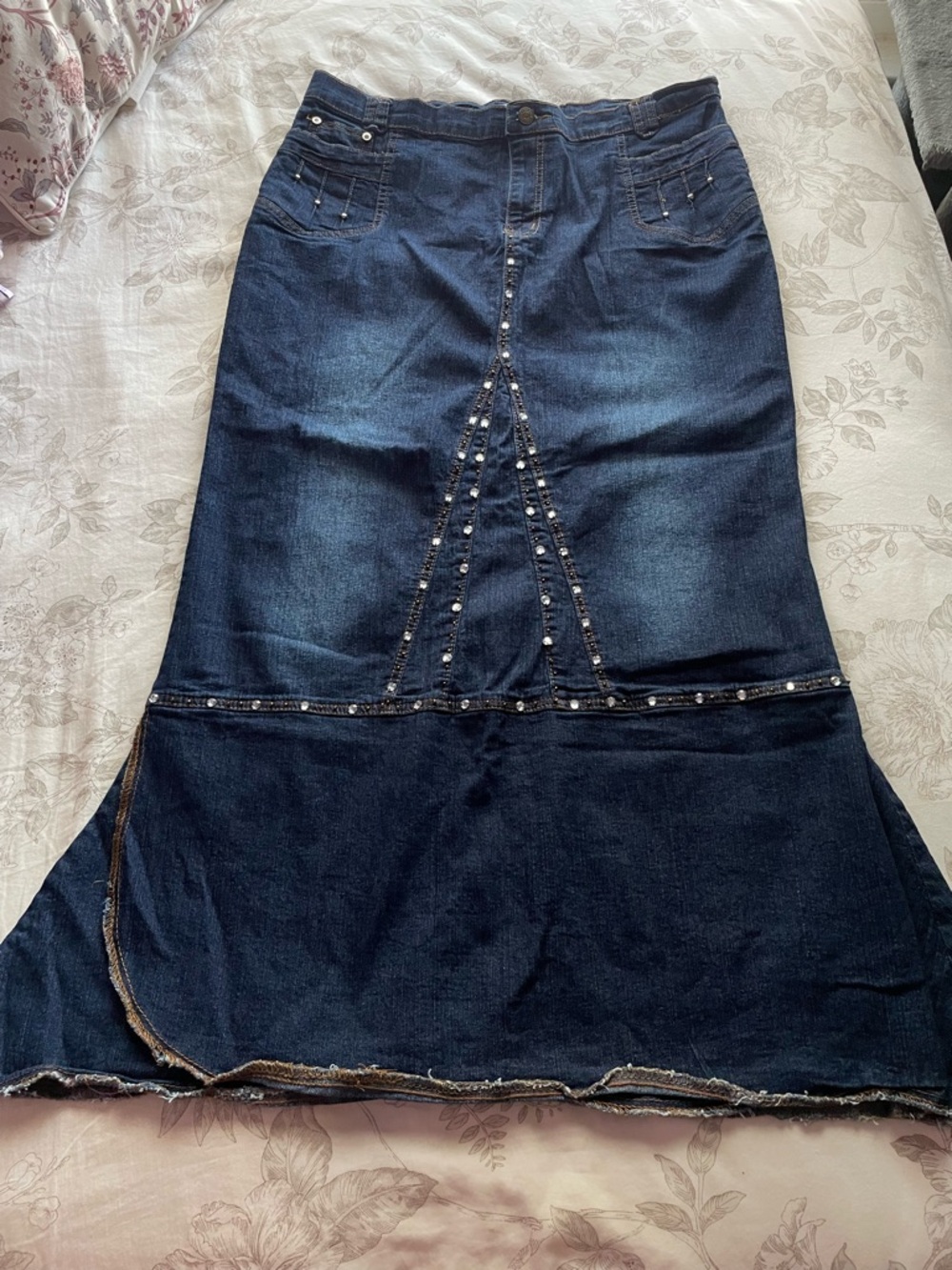Vintage Low Rise Denim Maxi Skirt 38 8 Bratz Embellished Lizzie McGuire Y2K Boho
